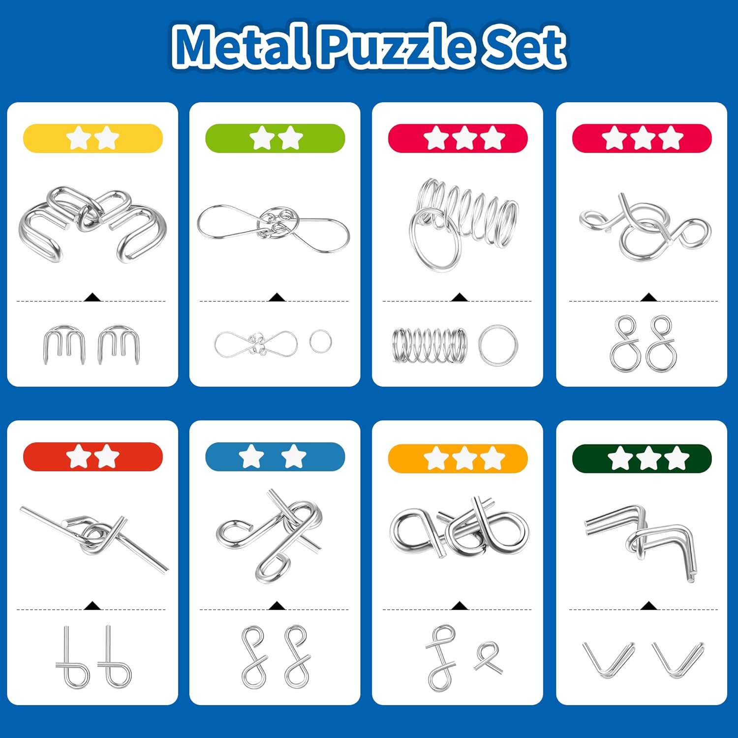 Juego de 11 rompecabezas de rompecabezas 3D – Paquete de 11 juguetes coloridos de madera y metal para desbloquear el cerebro de enclavamiento,