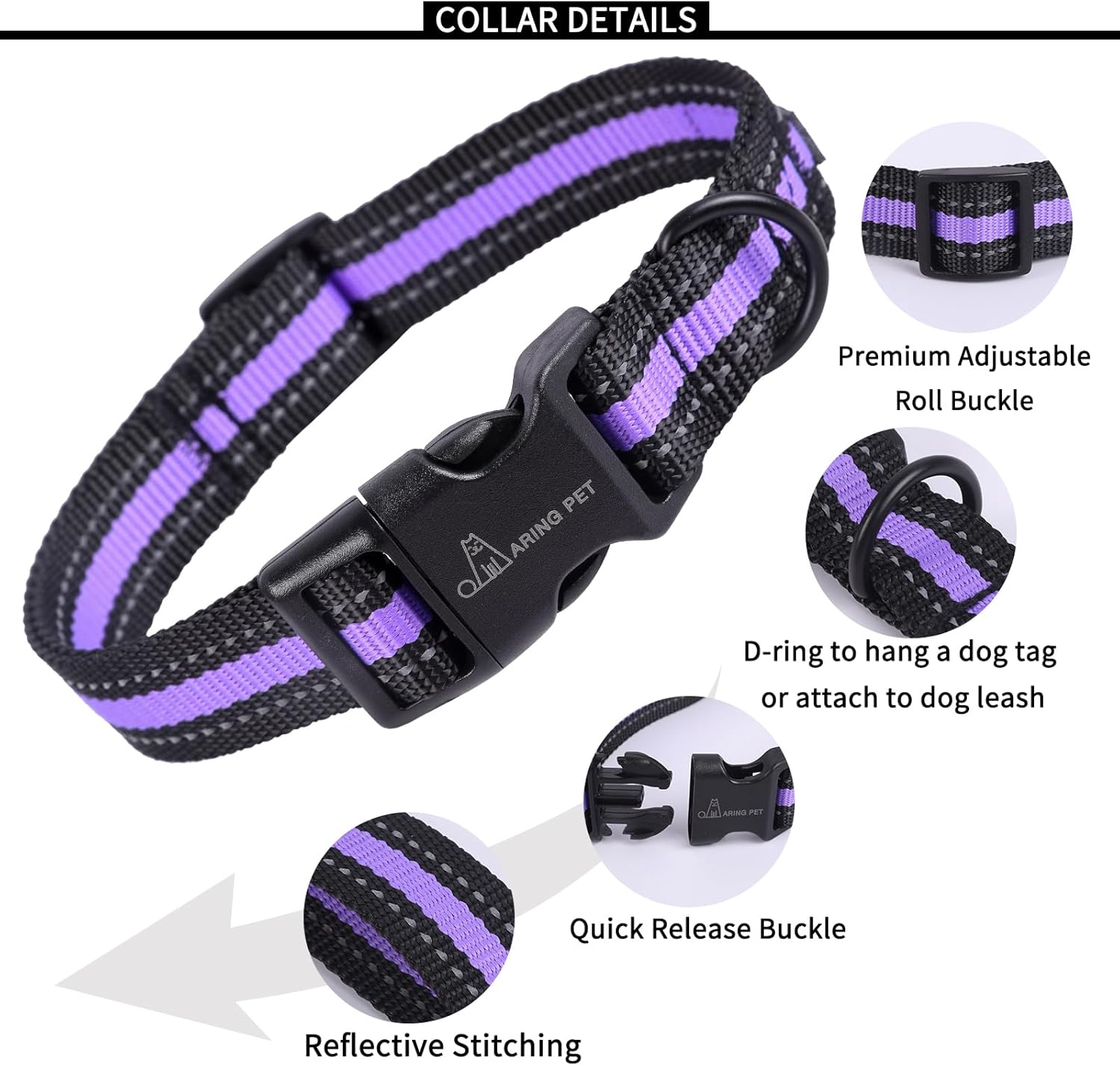 ARING PET Collar reflectante para perro, collar de perro morado suave para perros medianos, collares de perro de nailon ligero con hebilla de