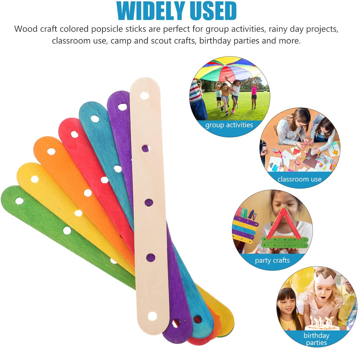 MAGICLULU 100 palitos de madera coloridos para helados con agujeros, colores mixtos, palitos grandes de madera para manualidades (colorido + color