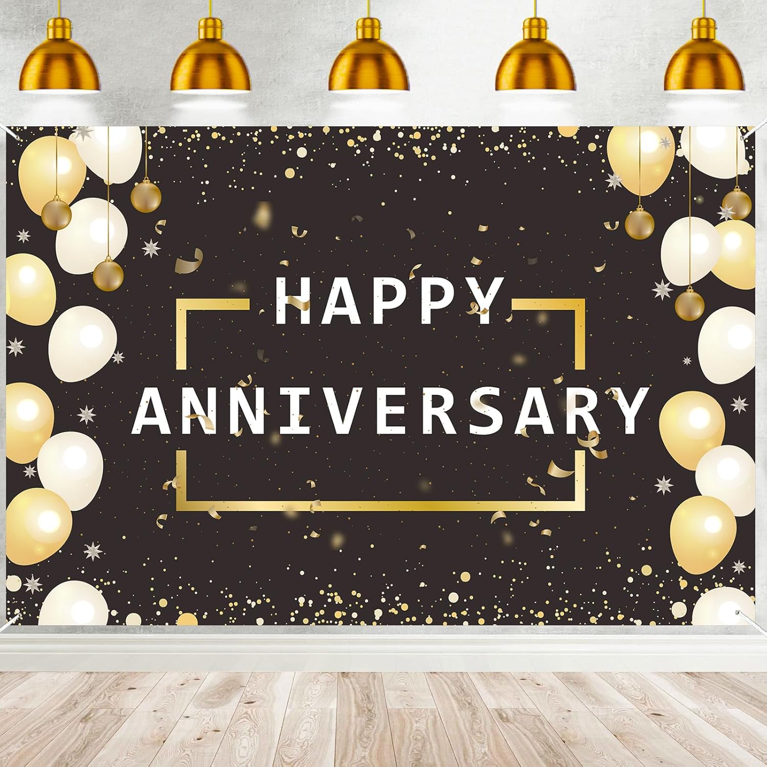 Cartel de feliz aniversario, letrero negro y dorado para hombres y mujeres, boda, aniversario, fiesta de cumpleaños, cabina de fotografía, fondo de