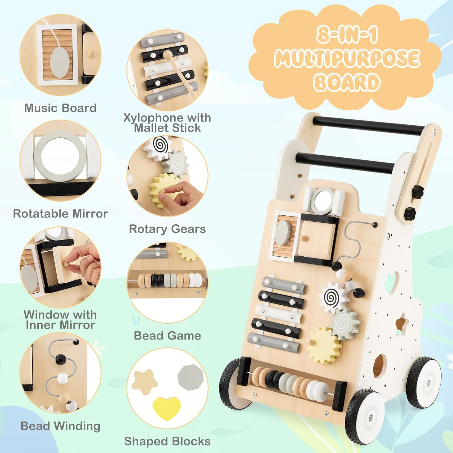 HONEY JOY Andador de empuje para bebés, centro de actividades de madera con asas ajustables, clasificador de formas, habilidades motoras y