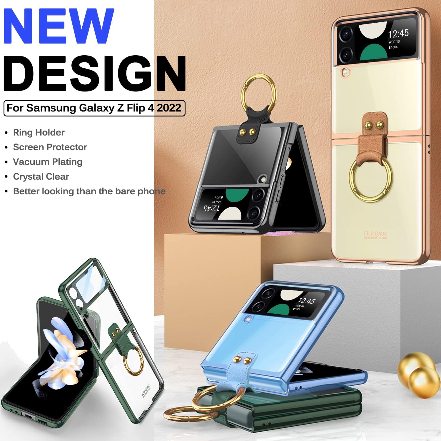 Miimall Funda para teléfono Samsung Galaxy Z Flip 4, Z Flip 4 con anillo + protector de pantalla de vidrio templado, funda protectora delgada de