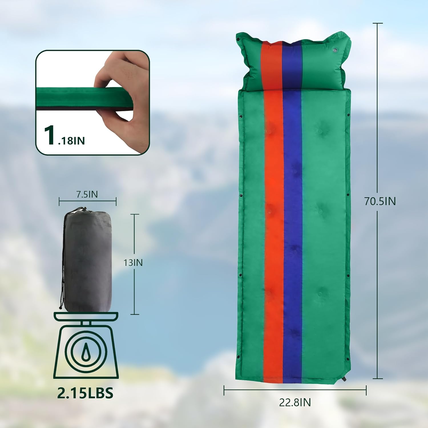 Colchoneta de dormir para campamento, colchón ligero de espuma viscoelástica con almohada, almohadilla de campamento autoinflable de 1.2 pulgadas de