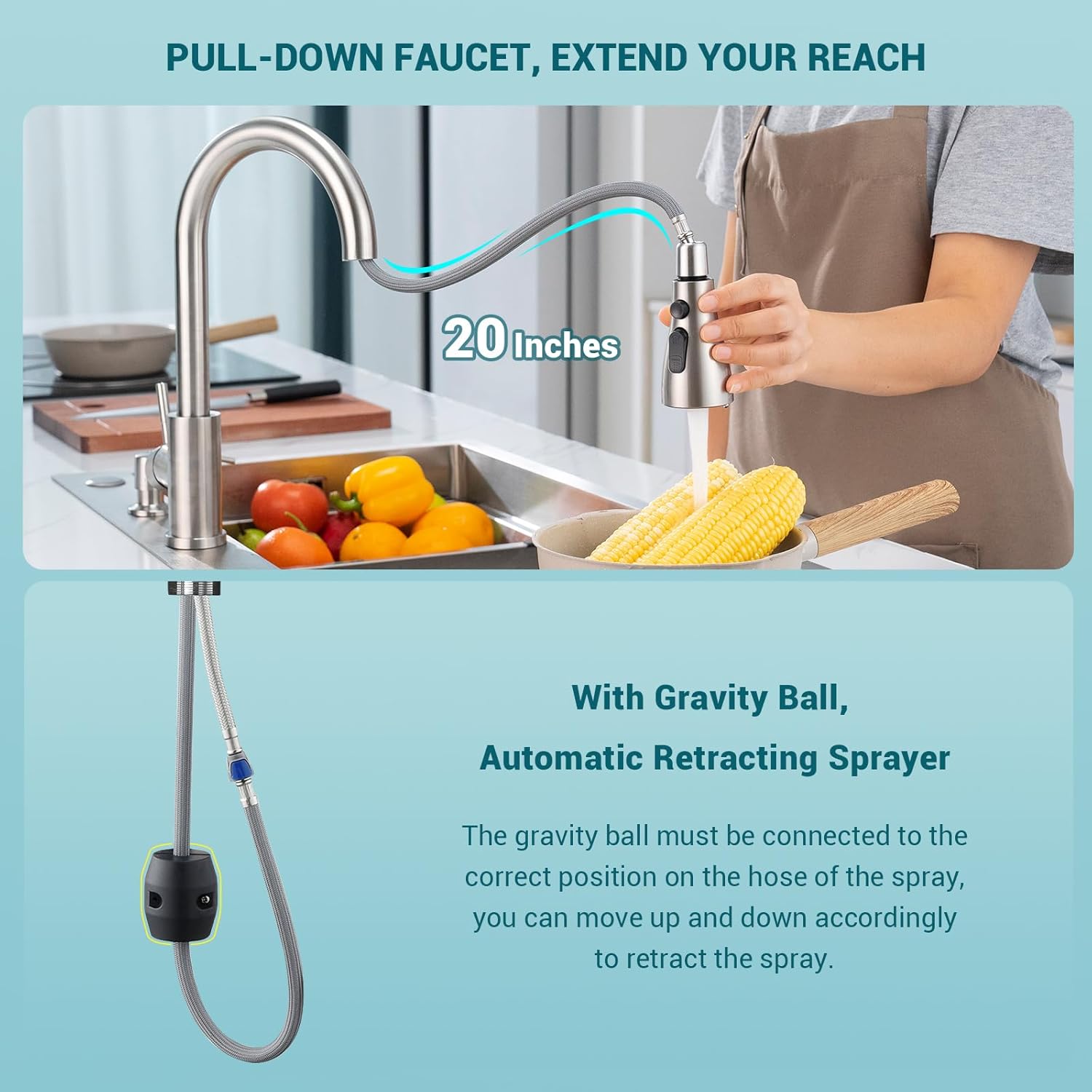 DAYONE Fuacet de cocina con dispensador de jabón de níquel cepillado, 3 modos de acero inoxidable para fregadero de cocina de 12 agujeros, grifo de