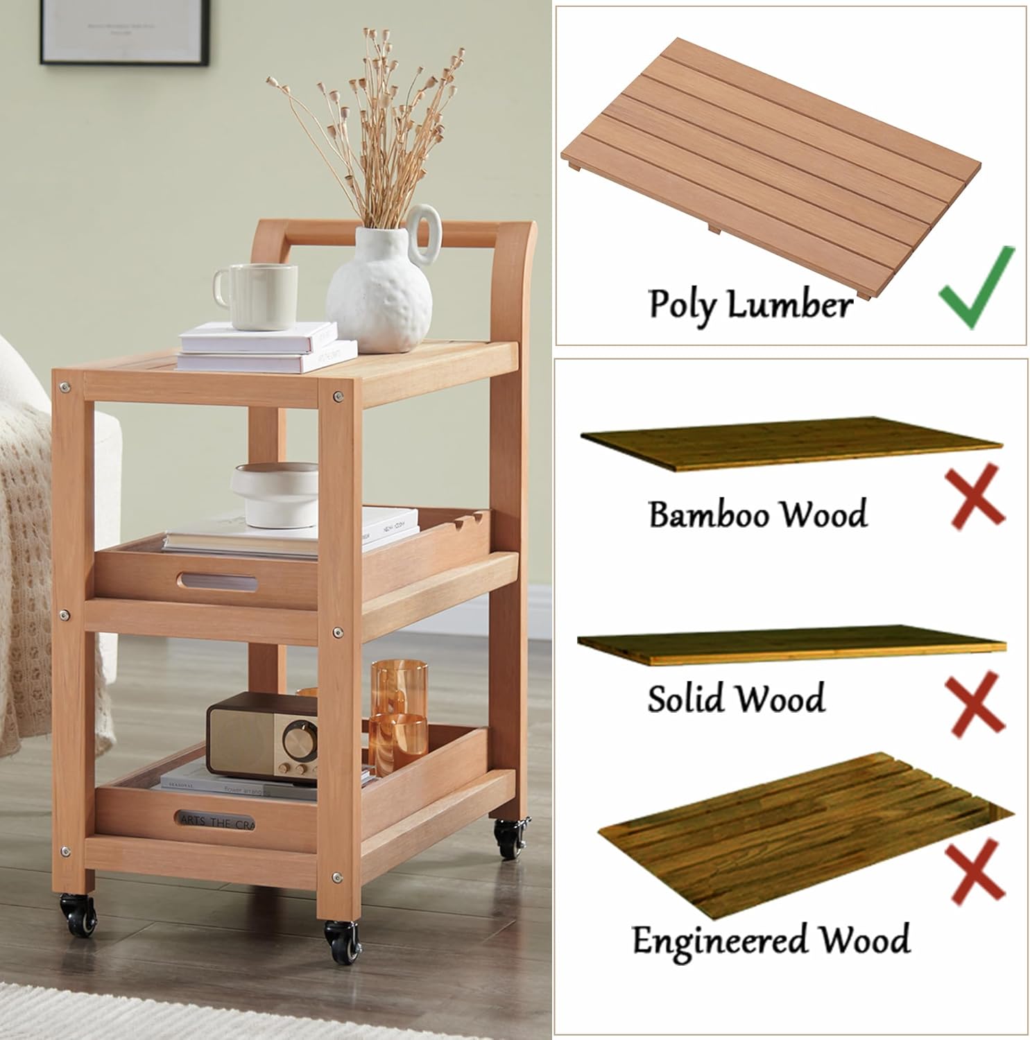 Psilvam Carrito de cocina, carrito de barra impermeable de madera de polietileno con ruedas, bandejas reemplazables de tres capas con ruedas,