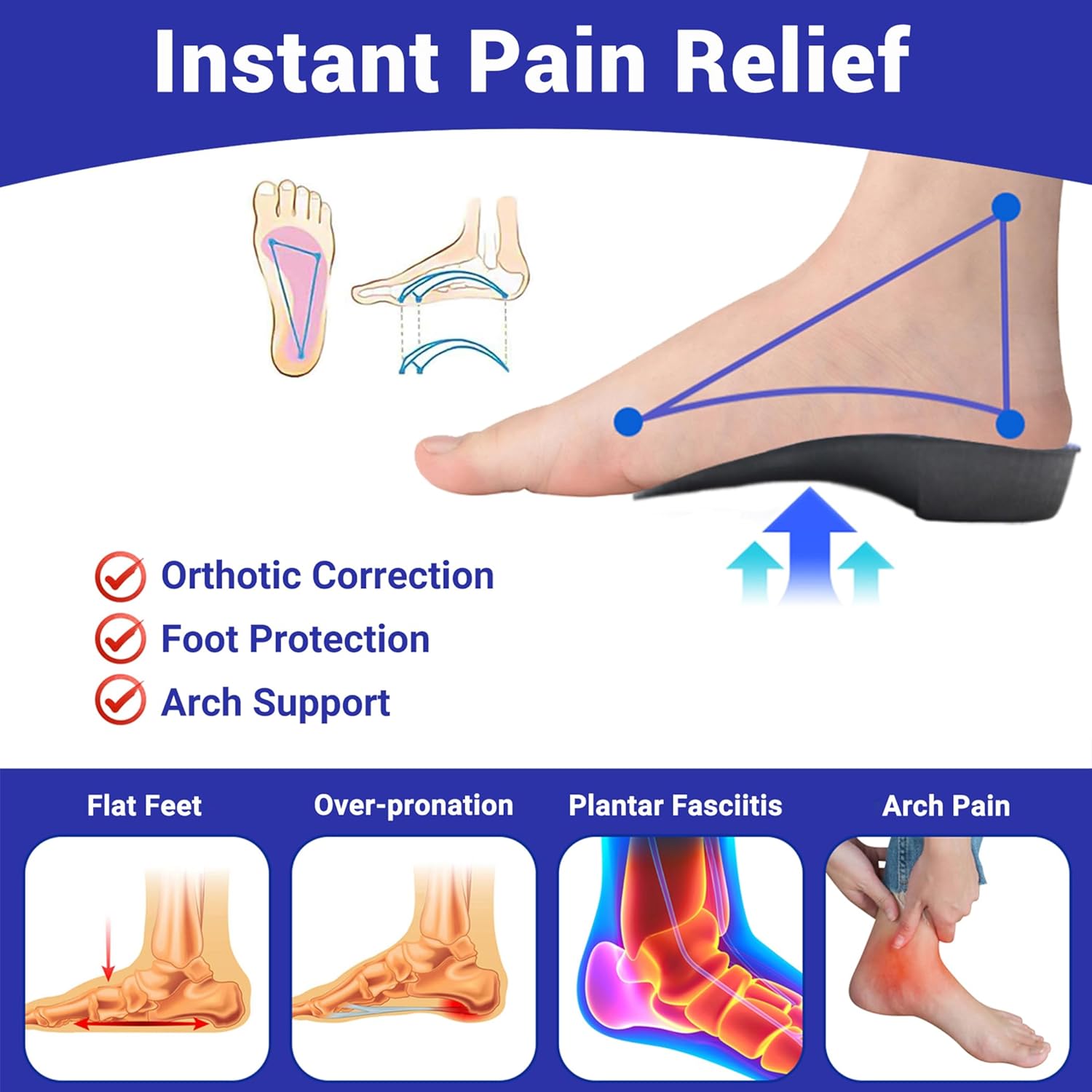 Plantillas para fascitis plantar, plantillas de soporte de arco de 34 de longitud para mujeres y hombres, inserciones de zapatos para pies planos,