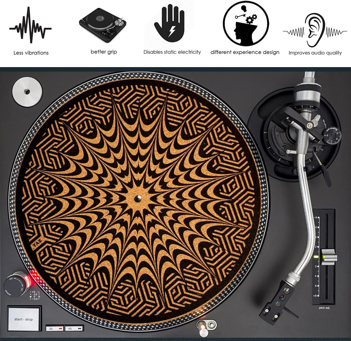 TazStudio Alfombrilla giratoria de corcho para un mejor soporte de sonido en el tocadiscos de vinilo LP – Patrón de mezcla de diseño geométrico