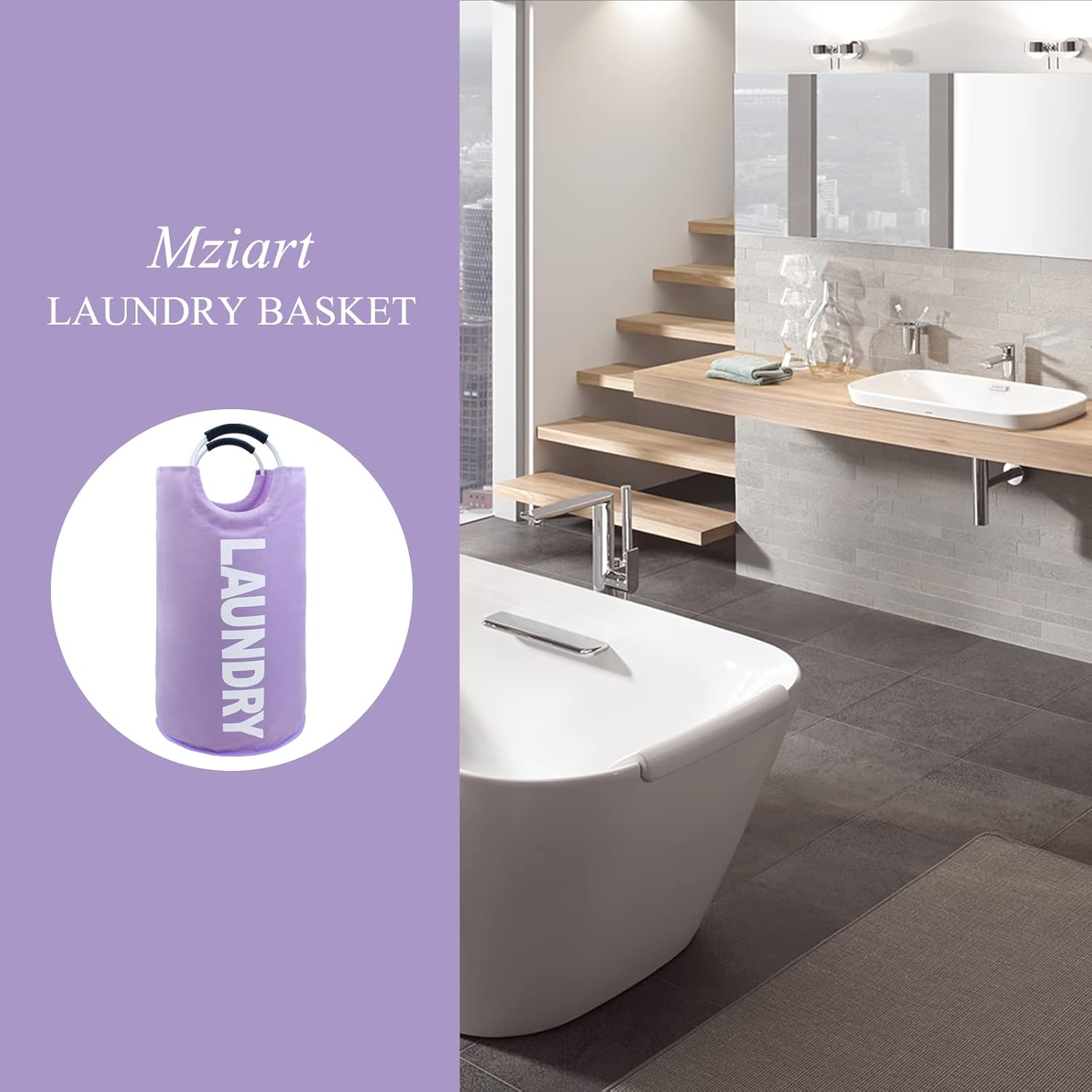 Mziart Cesta de lavandería plegable grande de 82 litros con asas acolchadas, cesta de tela Oxford resistente, bolsa de lavandería alta, organizador