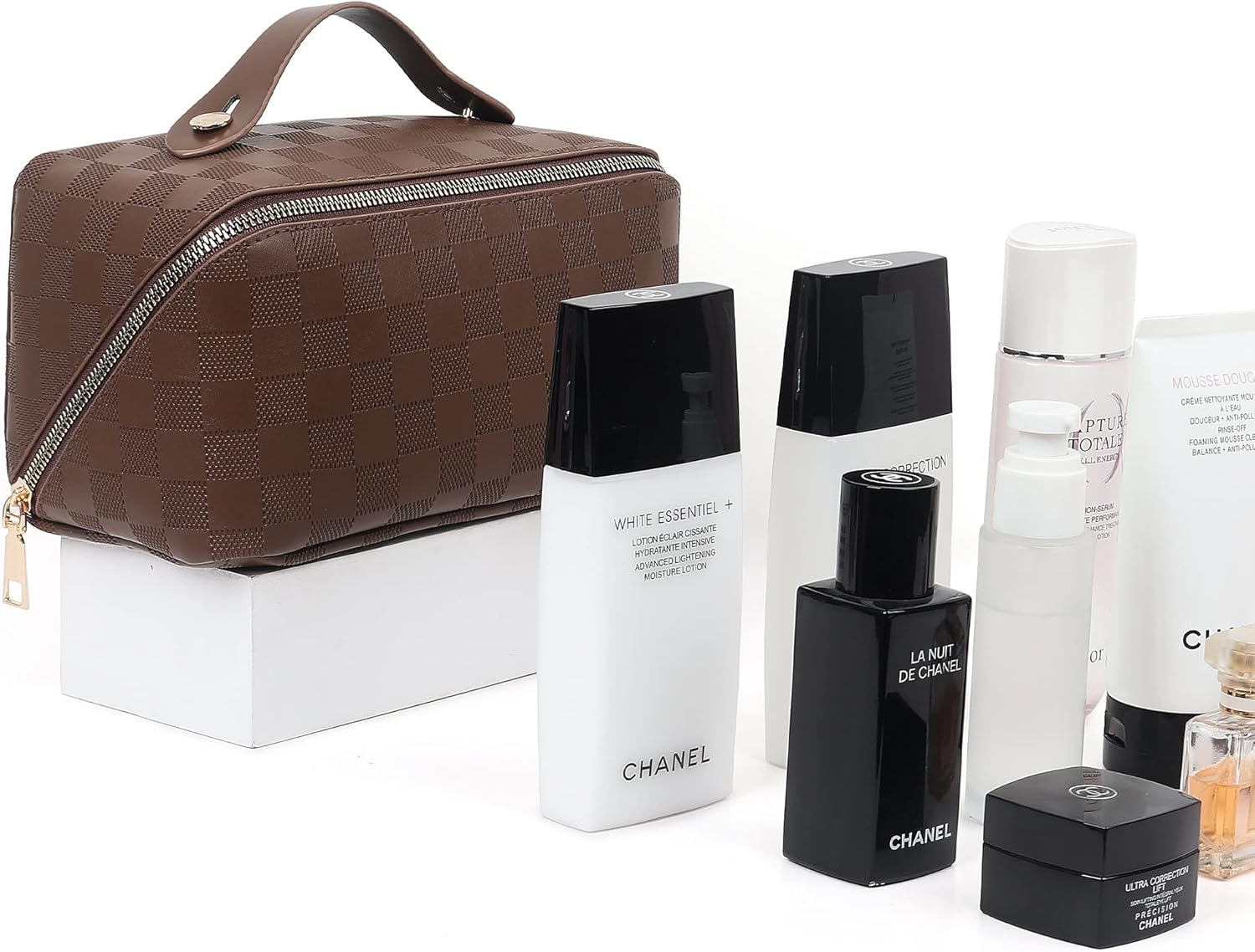 Bolsa de maquillaje grande, bolsa de cosméticos de doble capa, bolsa de maquillaje de viaje, bolsa de maquillaje de cuero, bolsas de viaje para