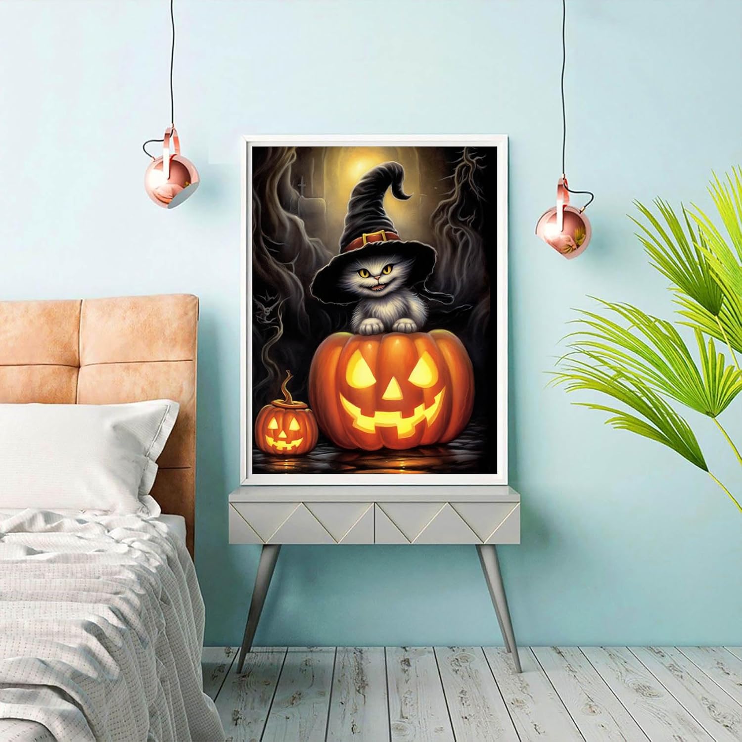 Reofrey Kits de pintura de diamantes para adultos, calabaza, gato, arte de diamantes de Halloween, taladro completo redondo con diamantes de