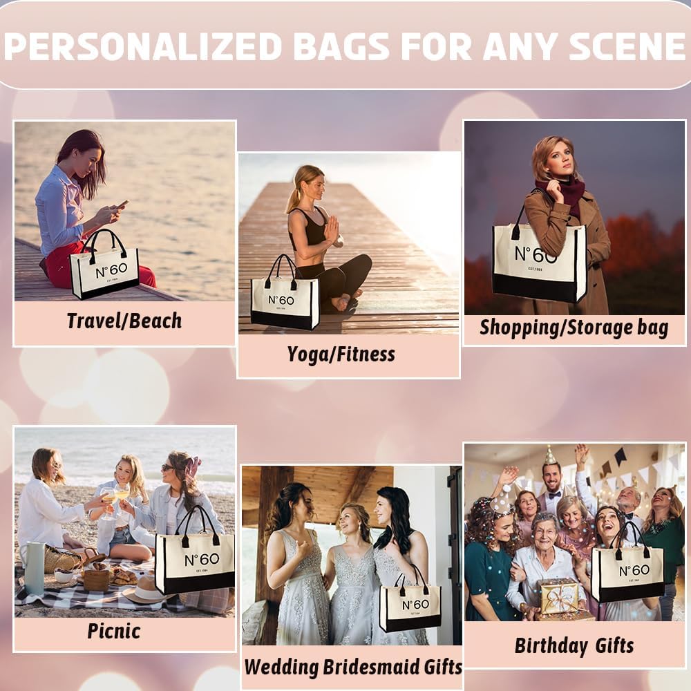 QLSKO Bolsa de lona de regalo de cumpleaños número 60 para mujeres, N60 EST.1964, bolsa de playa de recuerdo para fiesta de 60 años, regalo de