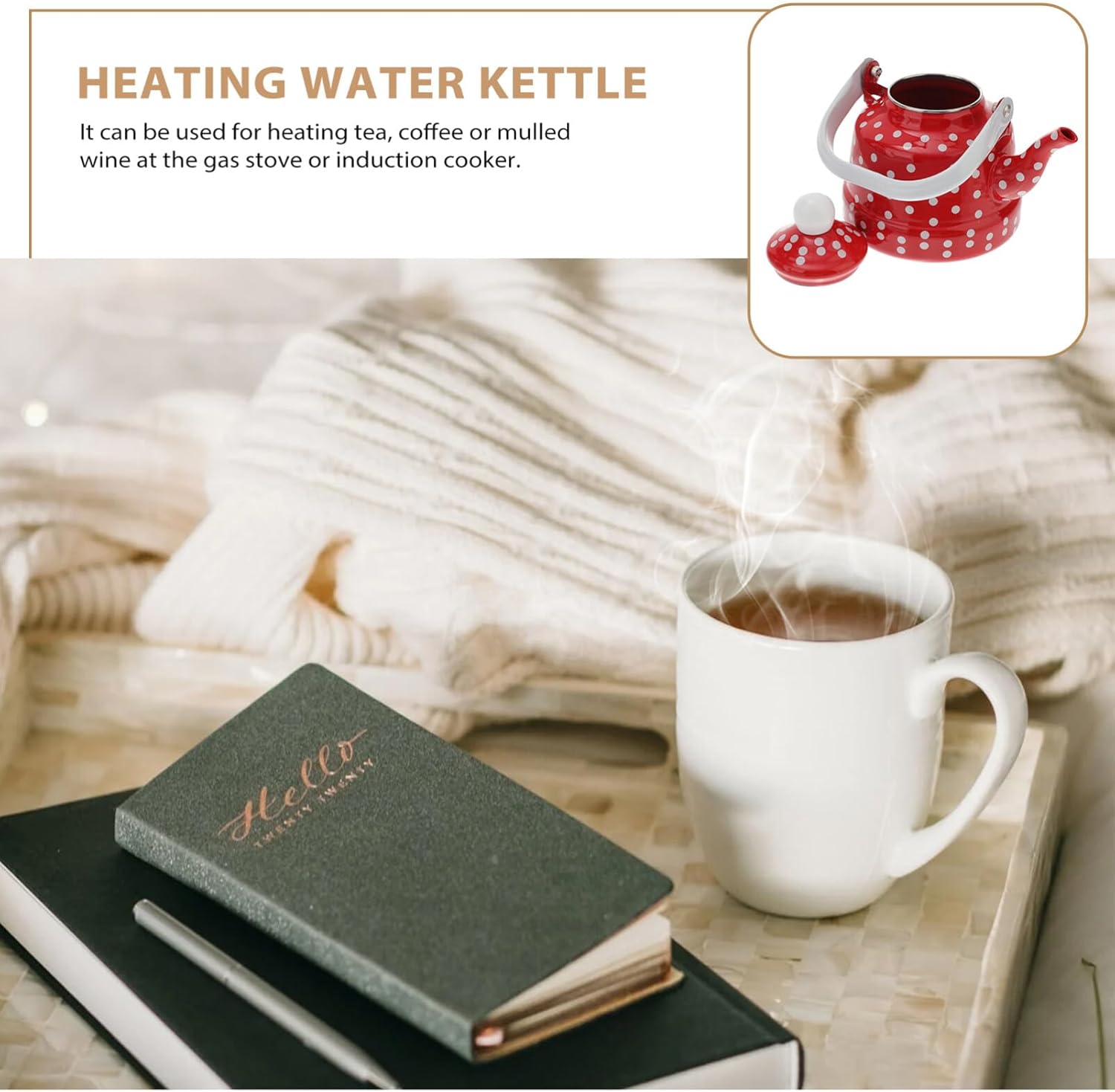DOITOOL Hervidor de té esmaltado para estufa, tetera esmaltada, tetera de café con lunares rojos y blancos con filtro de acero inoxidable para el