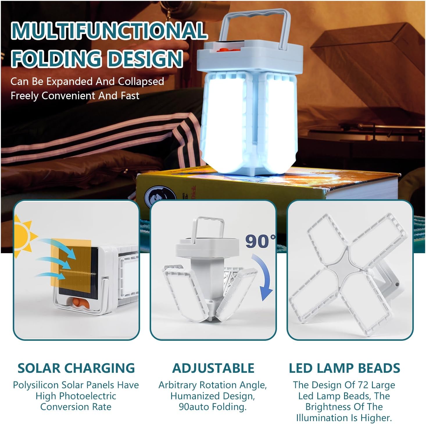Faroles solares para acampar recargables de 5600 lúmenes, linterna de camping plegable, funciona con energía solar, 3 modos de iluminación, luces