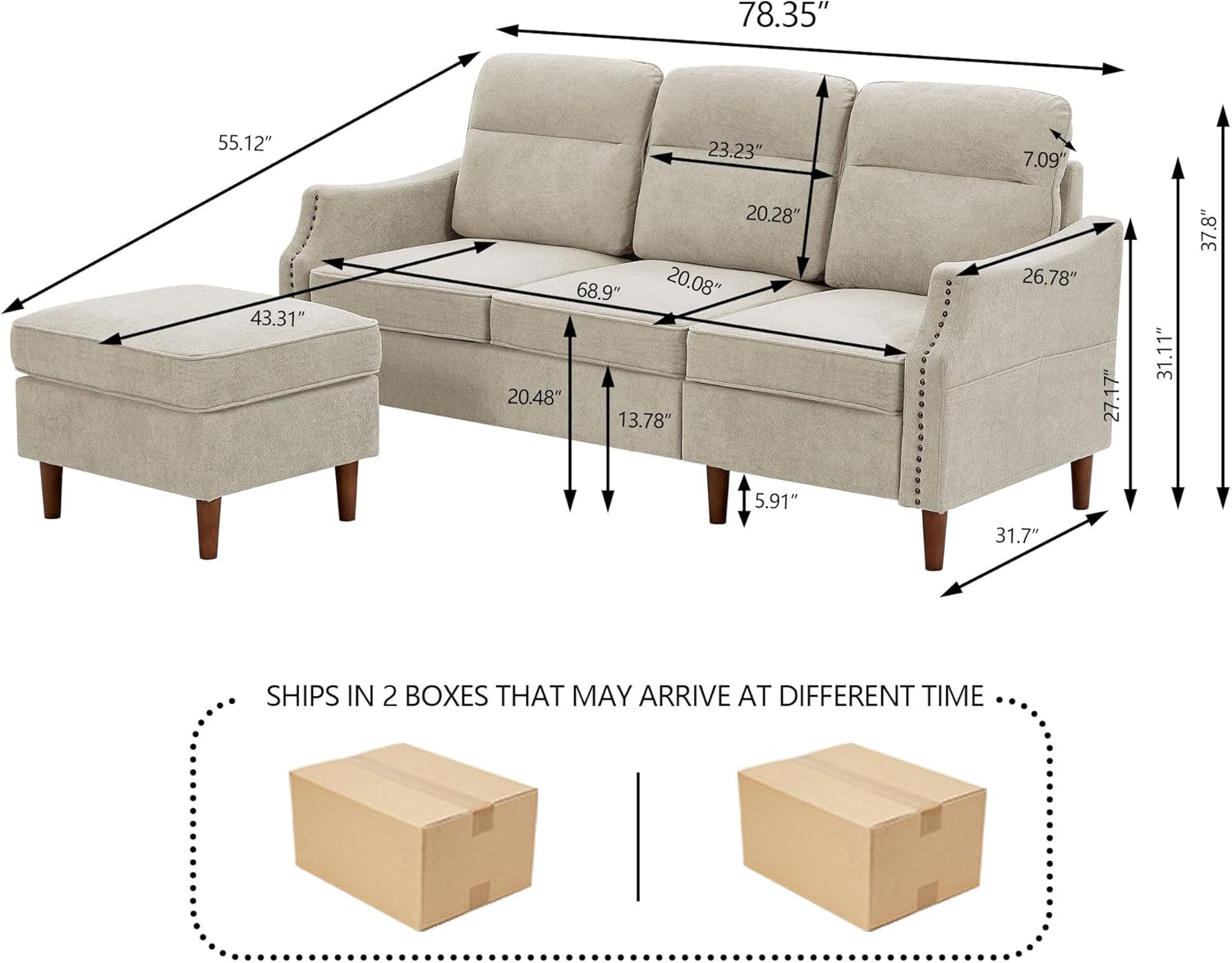 Tornama Sofá modular convertible de 3 plazas de 78 pulgadas en forma de L con diván reversible y bolsas de almacenamiento, sofás de microfibra para