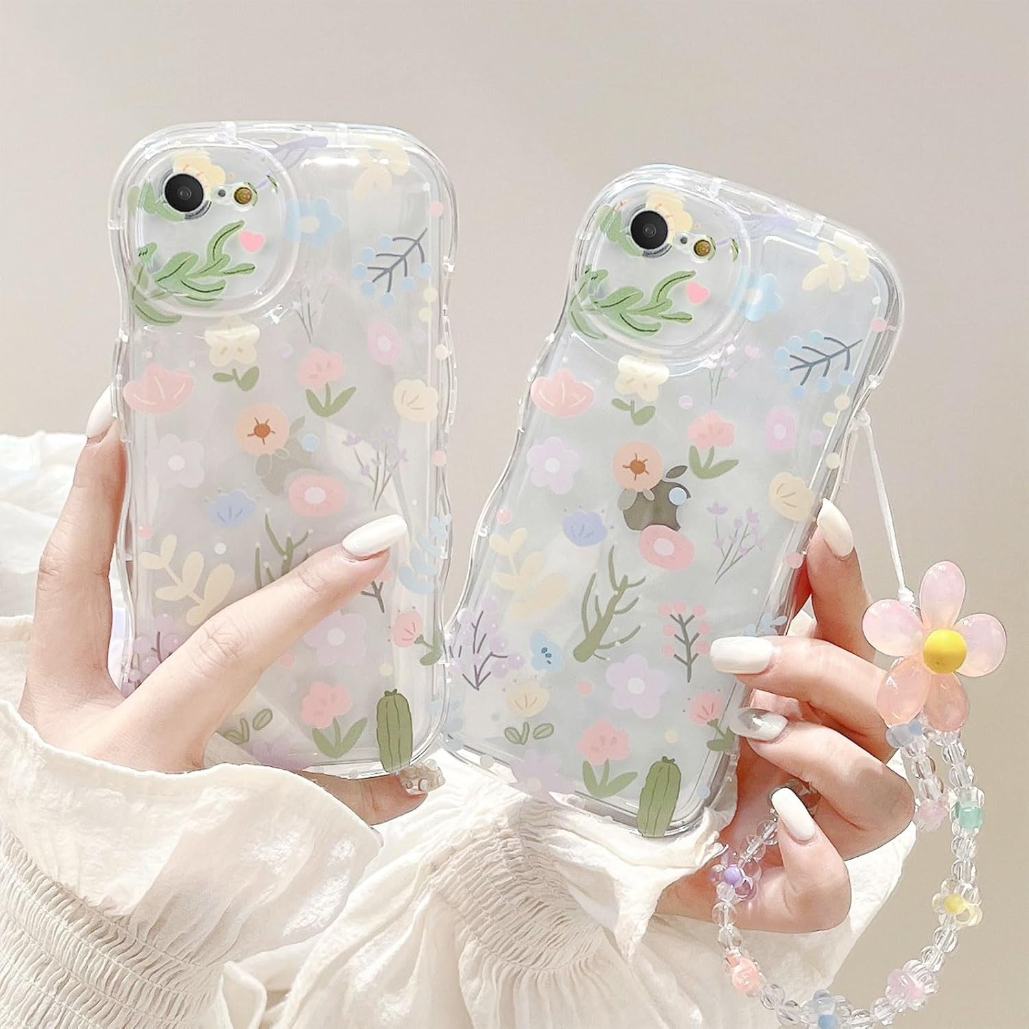 Compatible con iPhone 78SE, bonito estampado de flores coloridas con una bonita cadena de pulsera de flores, funda transparente de borde ondulado,