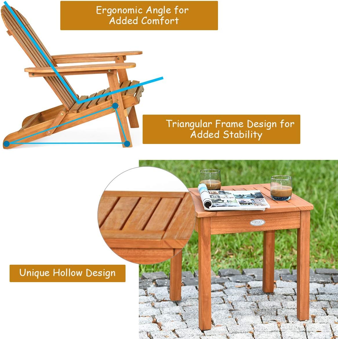 Giantex Adirondack – Juego de sillas plegables de madera de 3 piezas con reposabrazos ampliados, marco de eucalipto y mesa auxiliar para exteriores