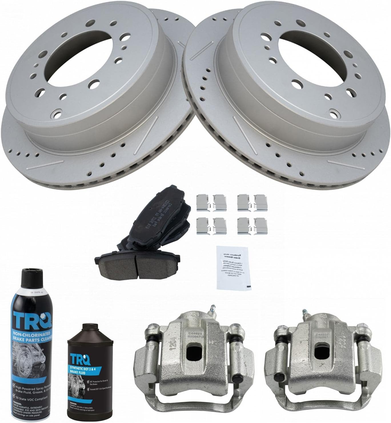 TRQ Pinzas de freno traseras Pastillas y rotores de cerámica compatibles con Sequoia 07-15 Tundra 2008-2015