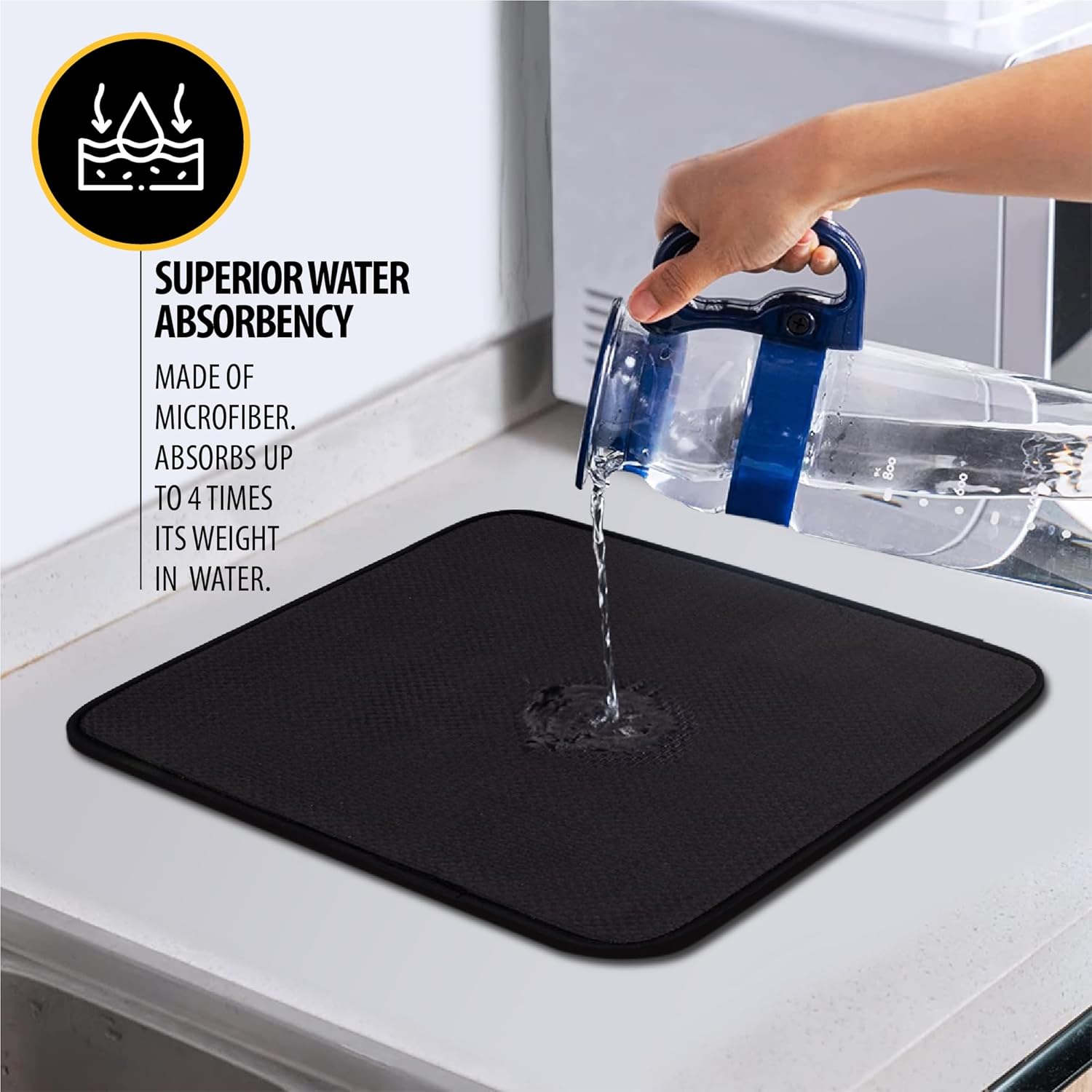 Tapete de secado de platos prémium de microfibra súper absorbente de 16 x 18 pulgadas, escurridor de platos, doble superficie (negro)