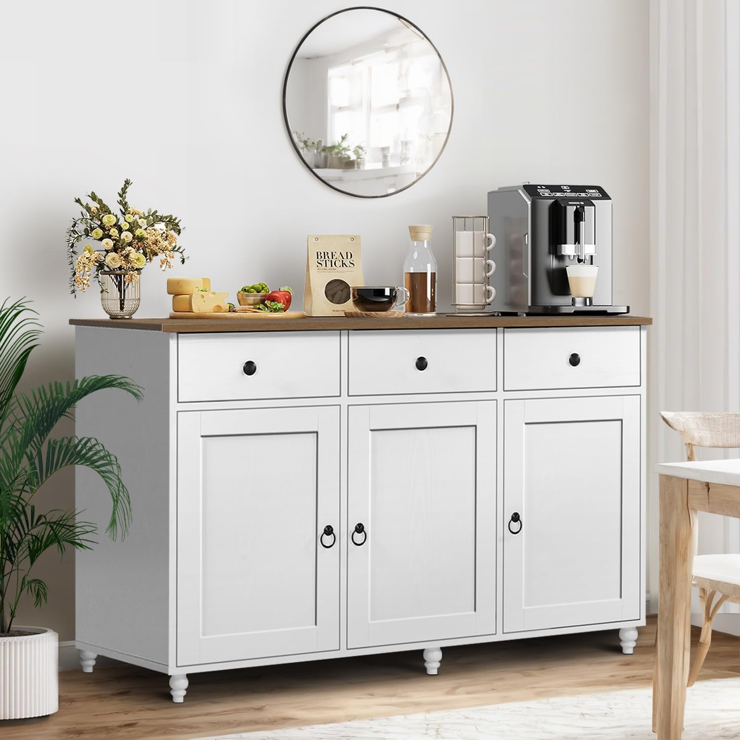 4 EVER WINNER Gabinete de barra de café con almacenamiento, gabinete de buffet de mediados de siglo con 3 cajones de almacenamiento y patas de
