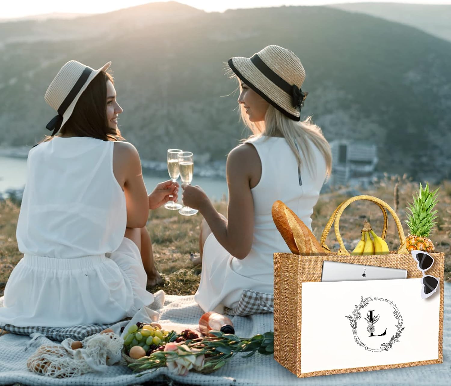 JUSTOTRY Bolsa de mano con inicial, yute natural, grande, 13 onzas, personalizada, bolsa de lona con monograma, regalo para mujer