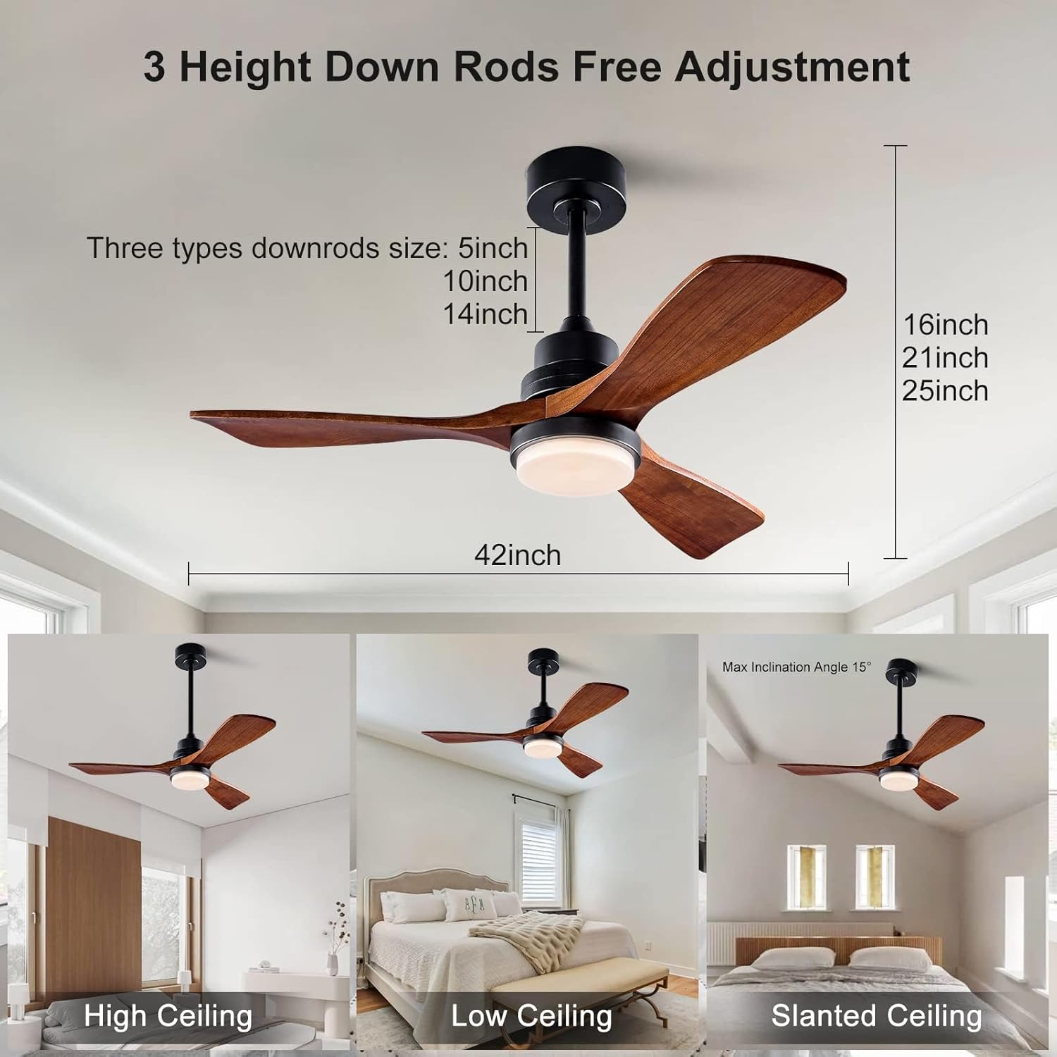 XBIBI Ventiladores de techo de 42 pulgadas con luces y control remoto, moderno ventilador de techo de madera de 3 aspas con luz, motor de CC