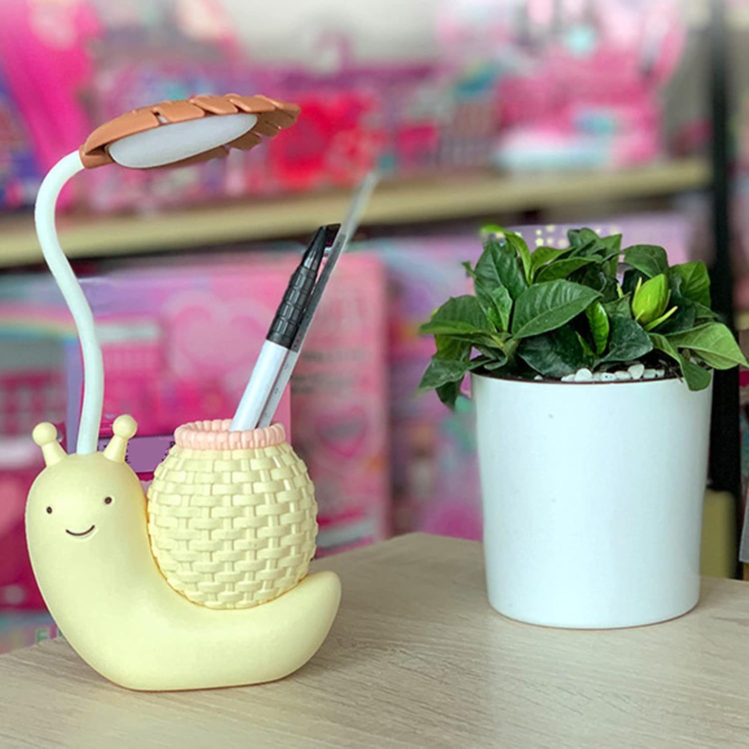 Lámpara de escritorio LED con soporte para bolígrafo, lámpara de mesa con soporte de dibujos animados, múltiples funciones de carga USB, linda luz