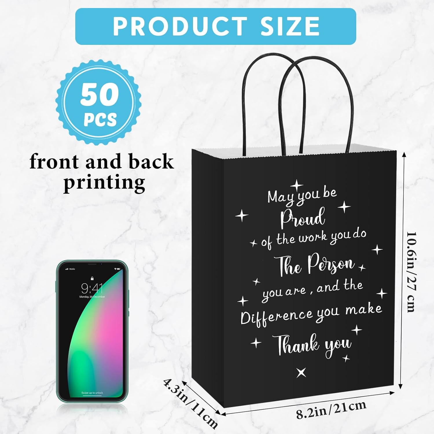Fulmoon 50 bolsas de regalo de agradecimiento a granel para empleados, bolsas de papel de agradecimiento con asas para empleados, compañeros de