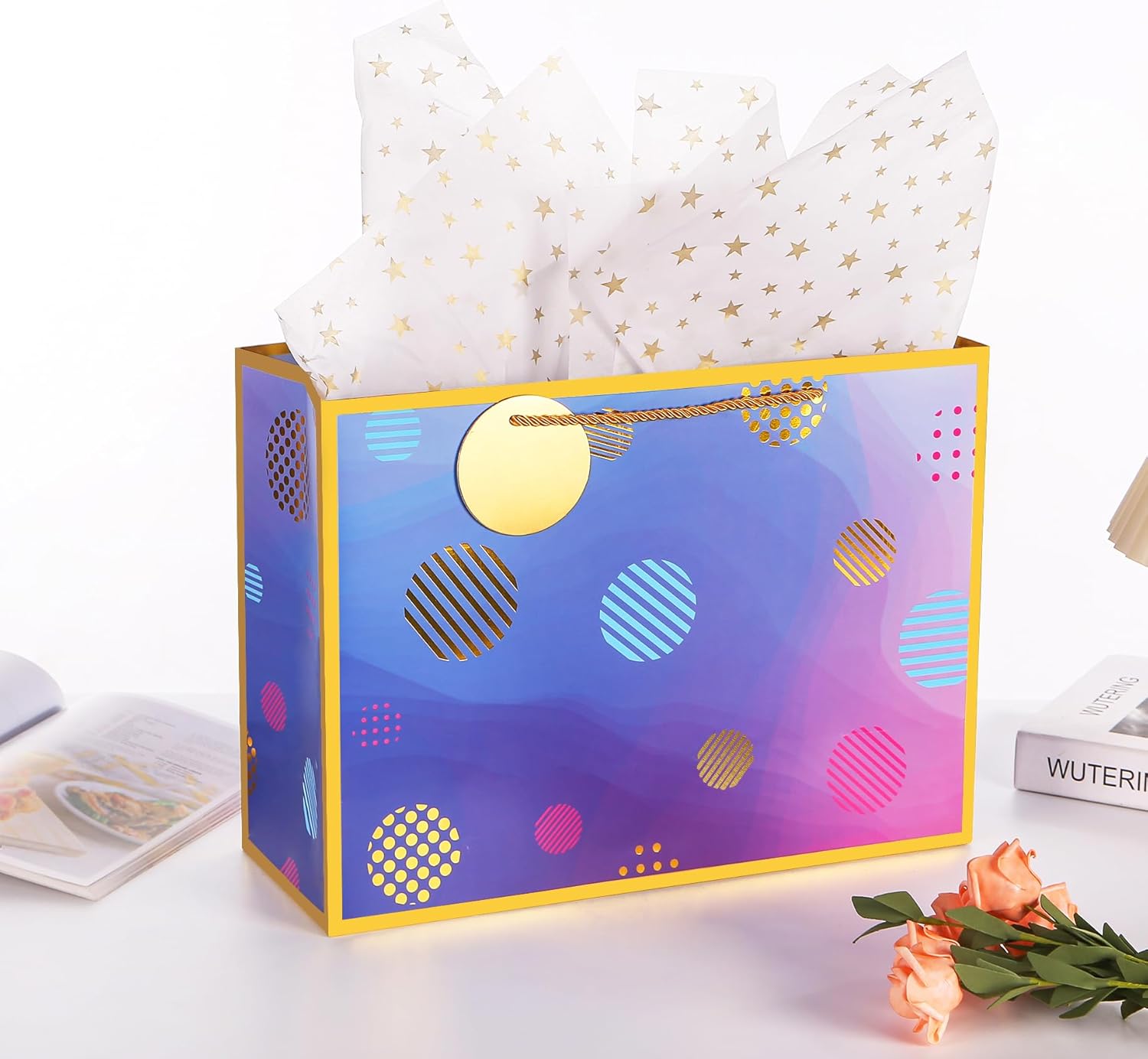 Bolsa de regalo de cumpleaños láser de 16 pulgadas con papel de seda, bolsa de regalo extra grande para regalos, bolsa de regalo de cumpleaños