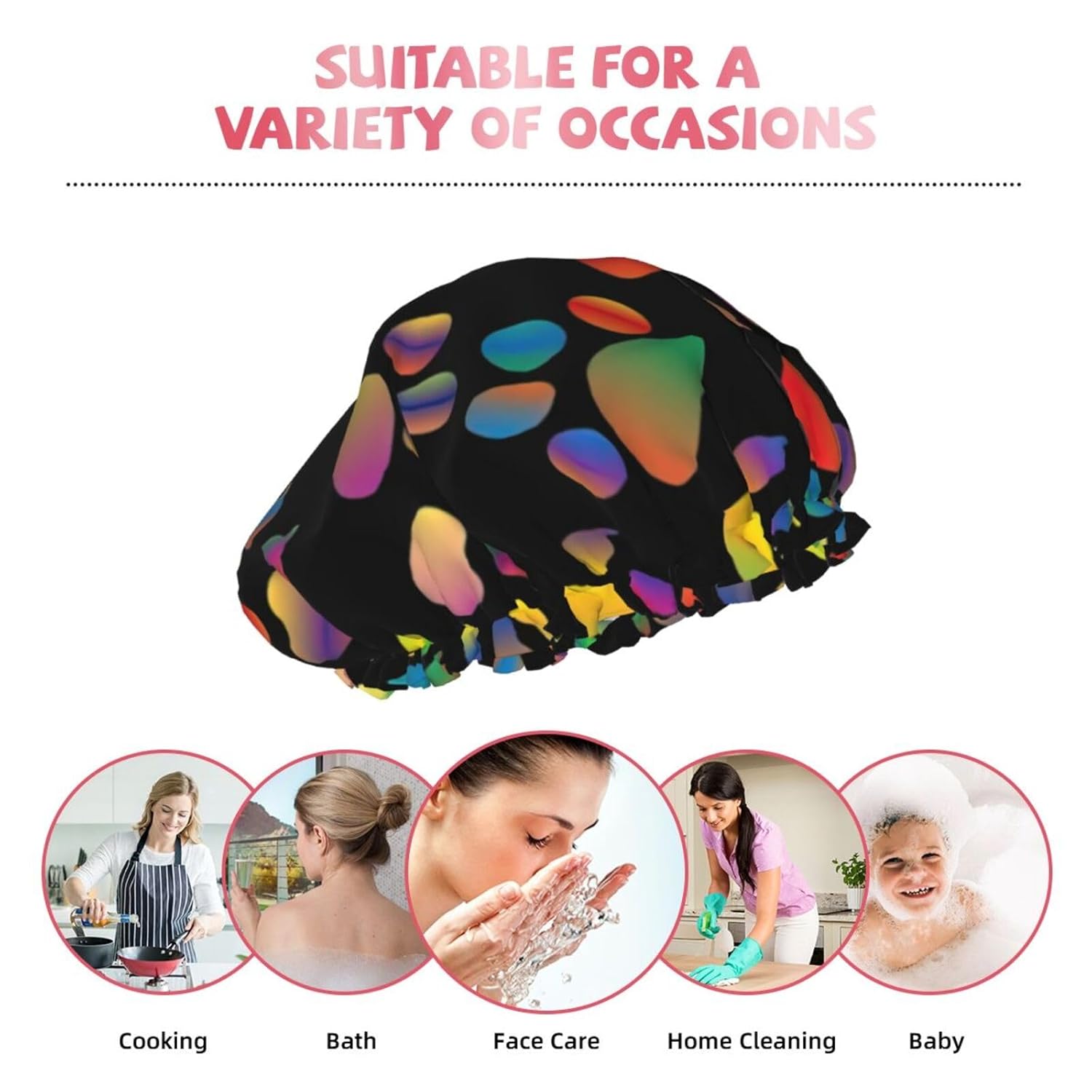 Colorido gorro de ducha con diseño de pata de perro, diseño de impresión completa, tela de poliéster resistente al agua, esencial para