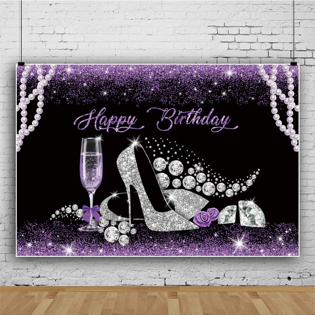 Baocicco Telón de fondo de feliz cumpleaños de 10 x 8 pies, zapatos de tacón alto con perlas y Diomand, para cumpleaños, baner, morado, purpurina,