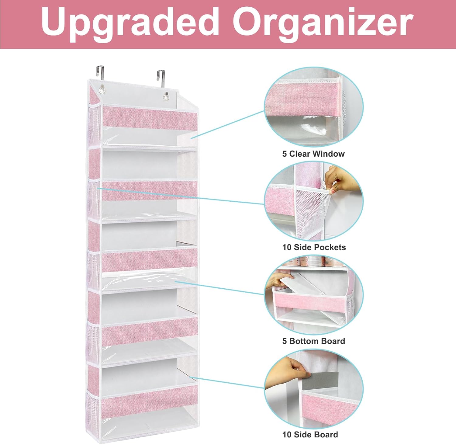 homyfort Organizador para colgar sobre la puerta con 5 bolsillos grandes, 10 bolsillos laterales de malla, 5 estantes extra grandes y resistentes,