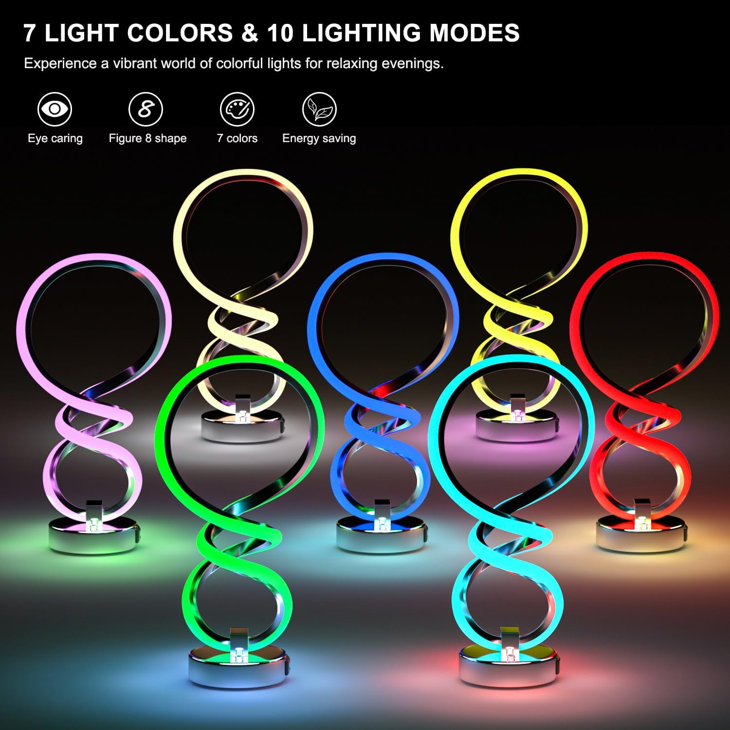 Moderna lámpara de mesa RGB en espiral, 7 colores y 10 modos de luz, lámpara LED regulable táctil con puerto de carga USB, lámparas decorativas