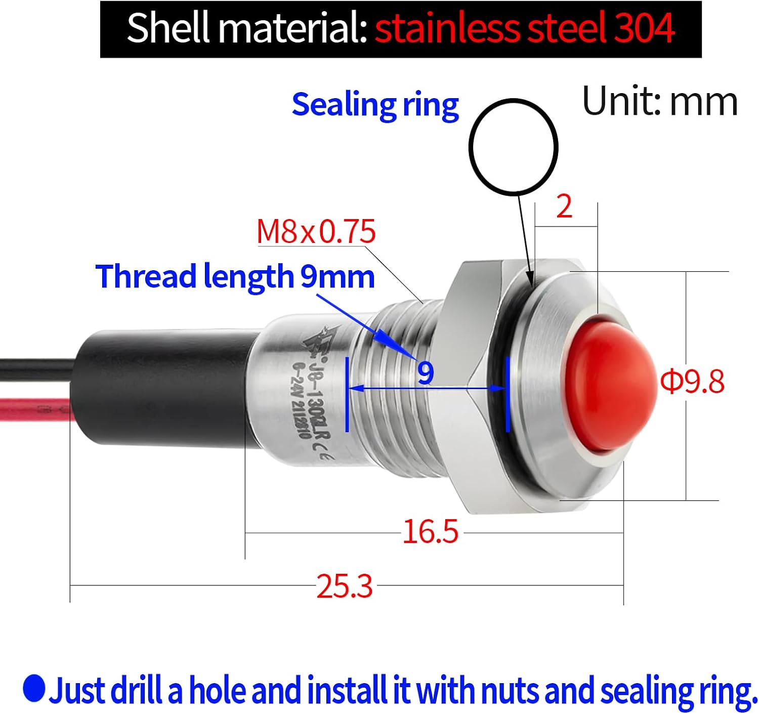 2 mini luces indicadoras de 0.315 in 0.31 pulgadas, 12 V-24 V, LED rojo, impermeable, IP67, cúpula, cabeza alta, lámpara de señal de acero