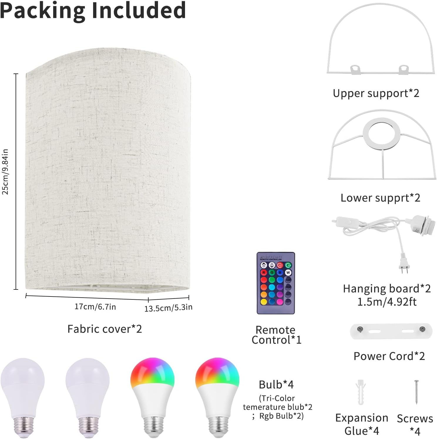 Juego de 2 apliques de pared, 4 bombillas enchufables con control remoto, lámpara de pared con interruptor de encendidoapagado de cable de enchufe,