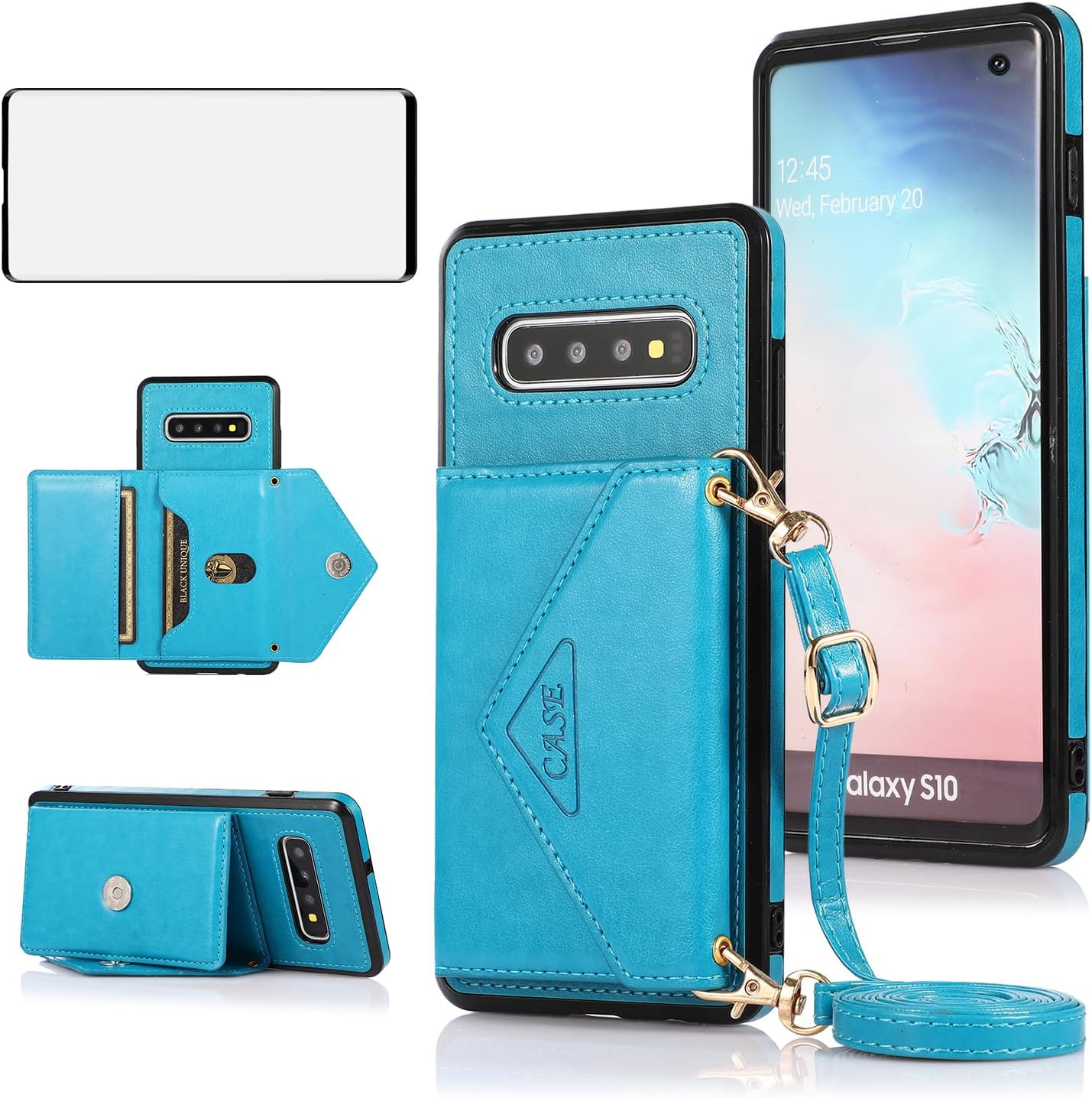 Asuwish Compatible con Samsung Galaxy S10 – Funda tipo cartera cruzada y protector de pantalla de vidrio templado, soporte para tarjetas de crédito,