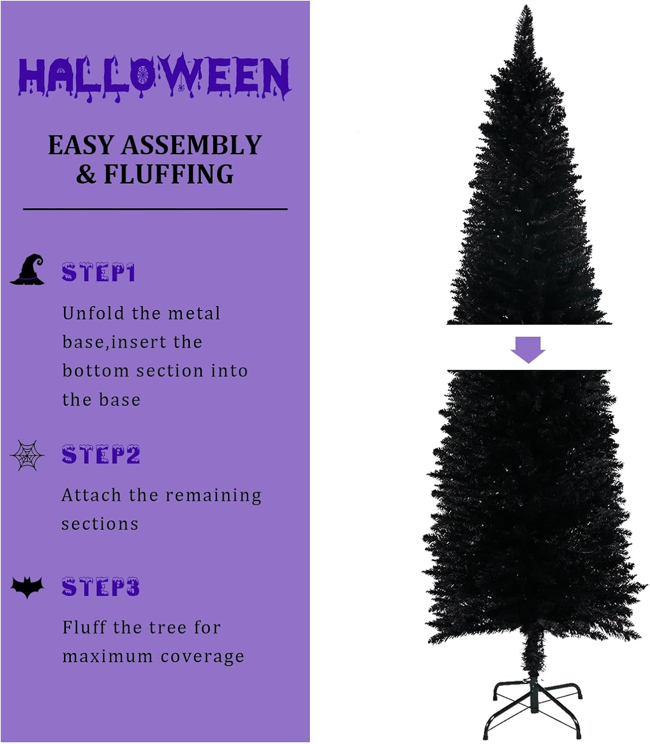 XmasExp Árbol de Navidad negro de Halloween, árbol de Navidad artificial de 5 pies con luces LED moradas, 8 modos de iluminación, tela de araña,