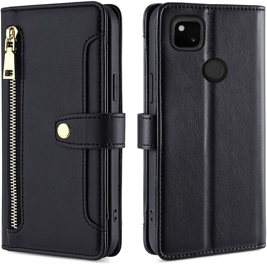 Asuwish Funda para teléfono para Google Pixel 4a 4G Funda tipo cartera y protector de pantalla con cremallera para tarjetero, soporte de cuero,