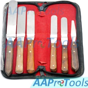Juego de espátulas rectas con mango de madera de 6 piezas + estuche Juego de espátulas rectas con mango de madera de 6 piezas + estuche