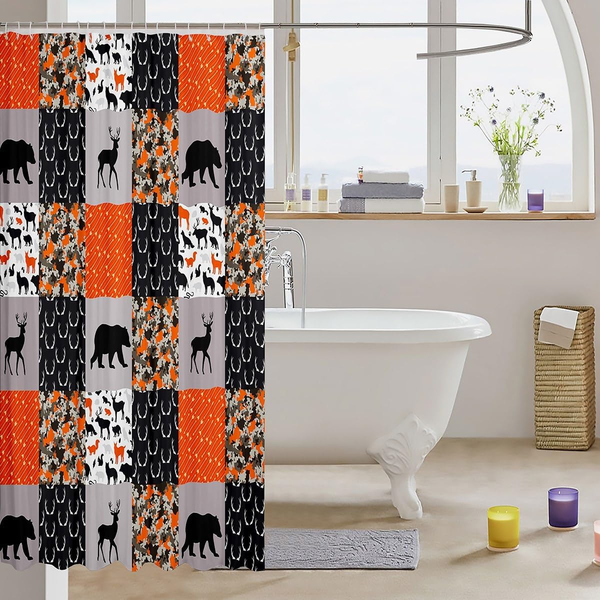 Cortinas de ducha con cuernos de ciervo y camuflaje, decoración del hogar, diseño de oso de ciervo, flechas y caza, tela con estampado de cuadrícula