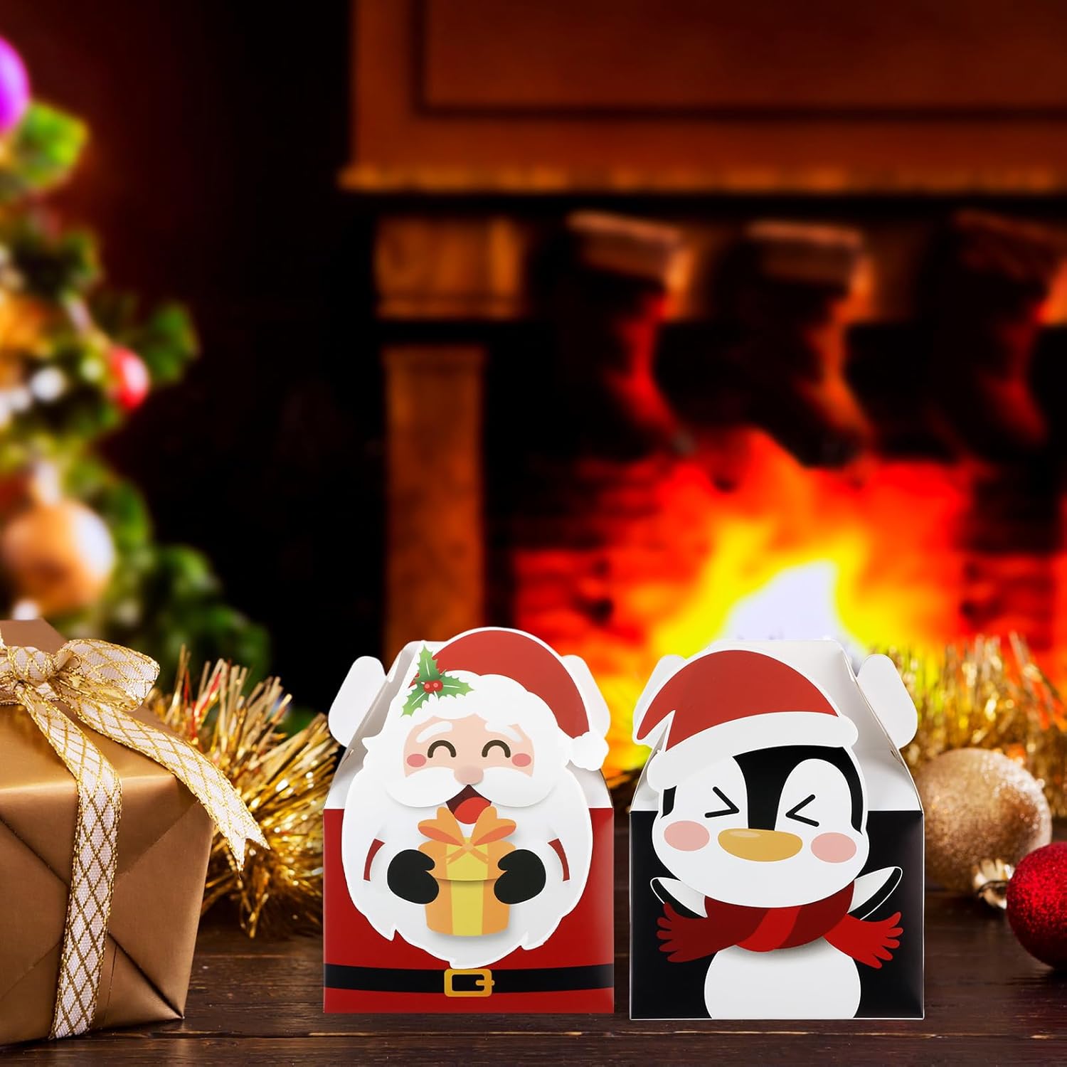 Cholemy 24 cajas de regalo de Navidad 3D de cartón a dos aguas plegables de Navidad con asas, Papá Noel, muñeco de nieve, reno, elfo, alce,