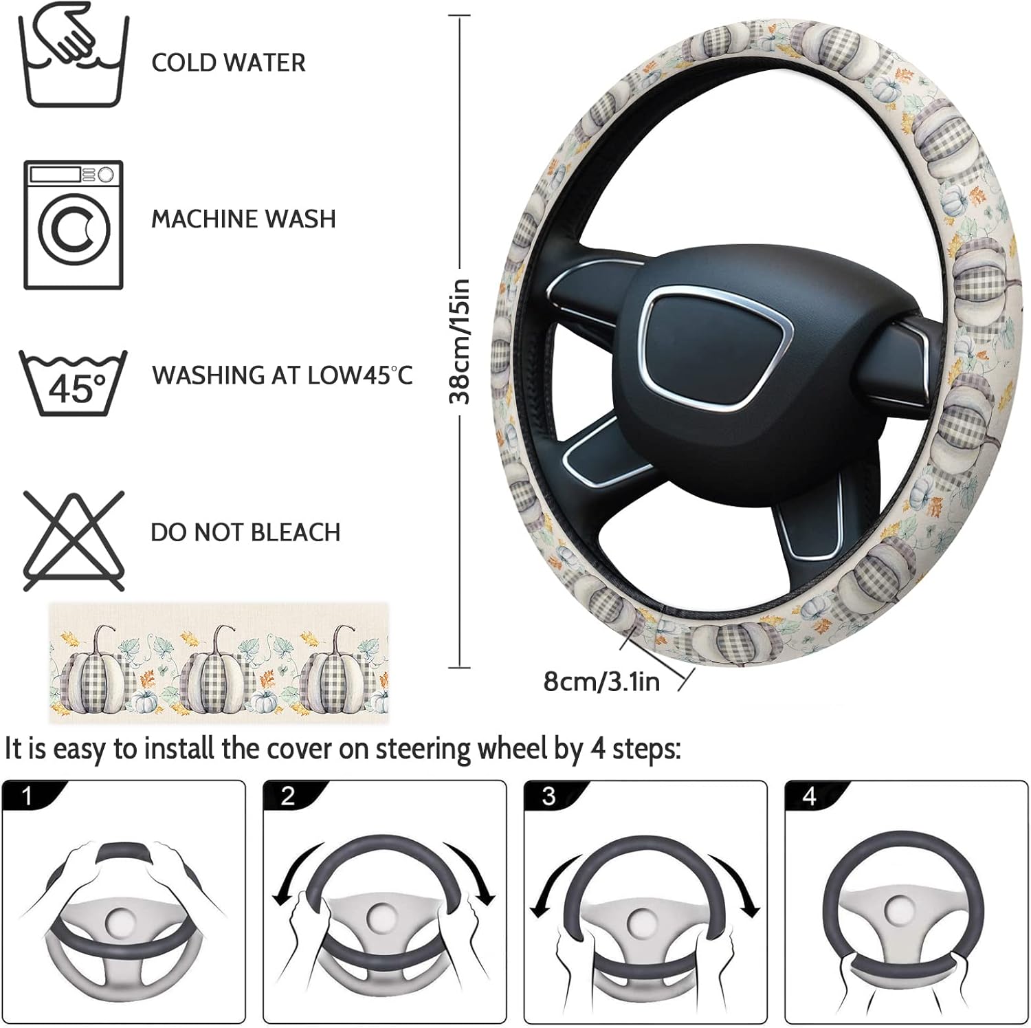Funda para volante de automóvil, diseño de calabaza a cuadros de cosecha de Acción de Gracias, para otoño, elástica, de esponja, para autos,