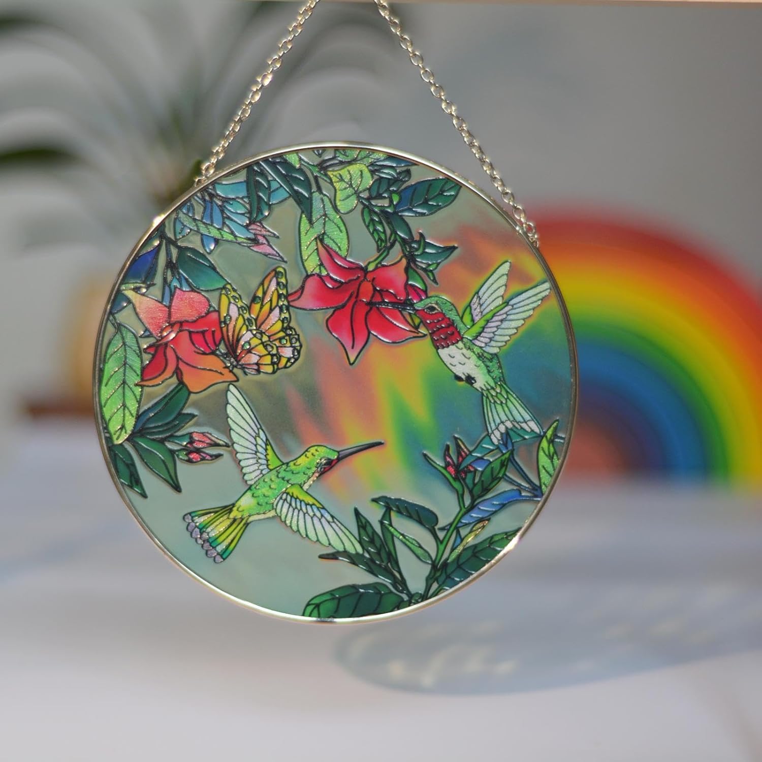 Atrapasoles para colgar vitrales, colibríes y mariposas para ventana, 100% real, vitral, colorido, adorno para ventana interior, hogar, jardín,