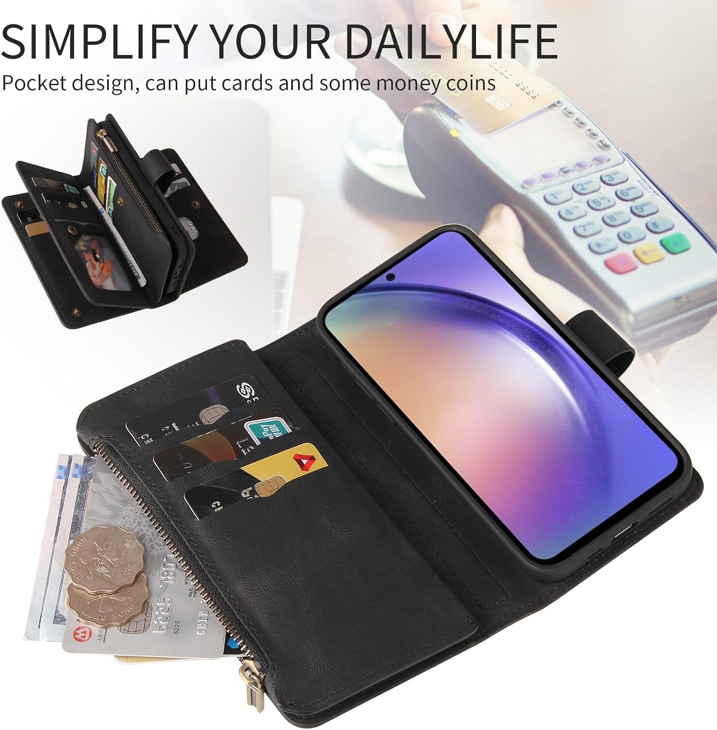 Asuwish Funda de teléfono para Samsung Galaxy A54 5G Funda tipo cartera con protector de pantalla de vidrio templado y correa para la muñeca de