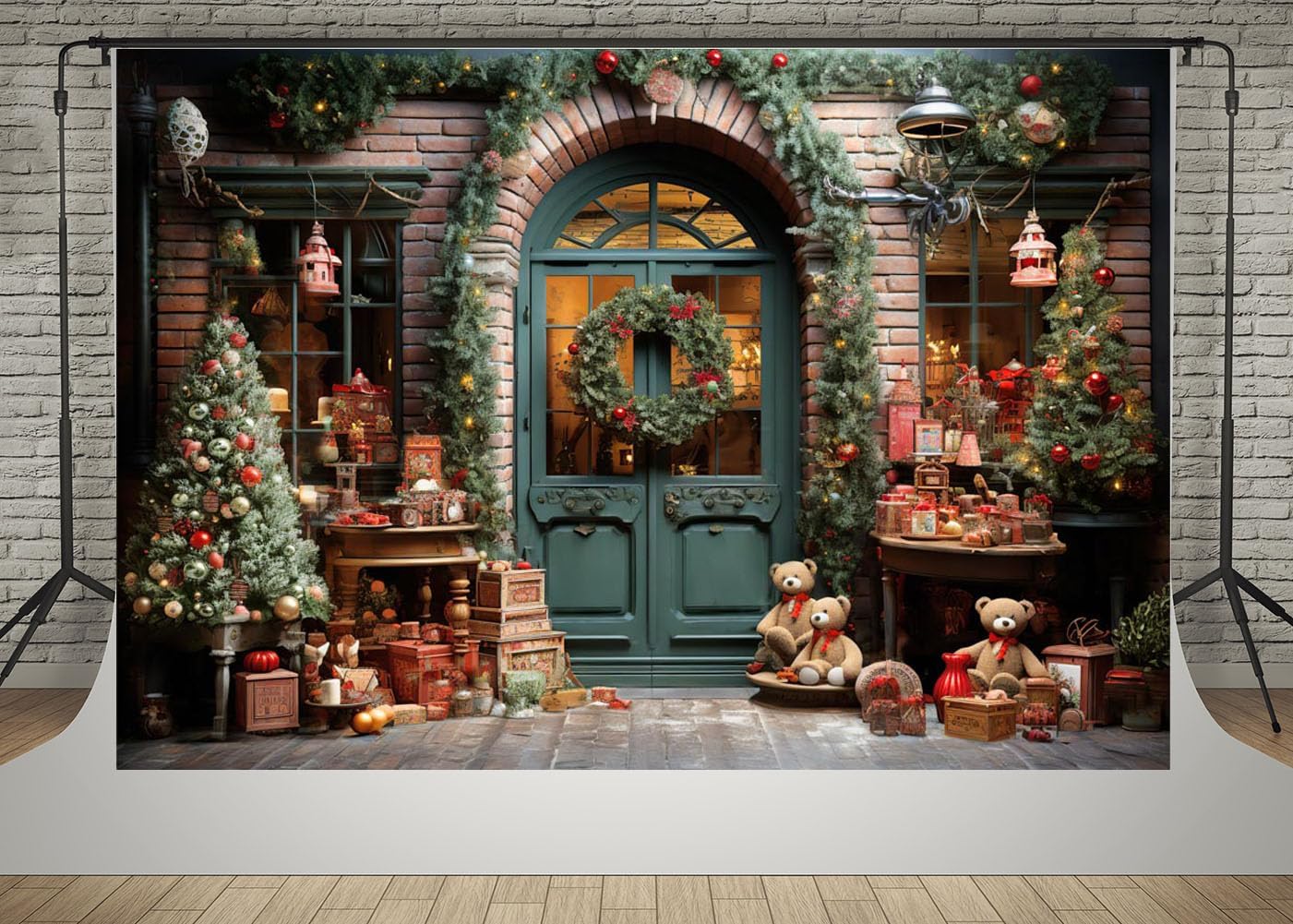 Kate 7x5ft Patio Familiar Árbol de Navidad Decoración Fotografía Fondos de Casa de Ladrillo Puerta Frontal Caja Cuentas Oso Foto Fondo