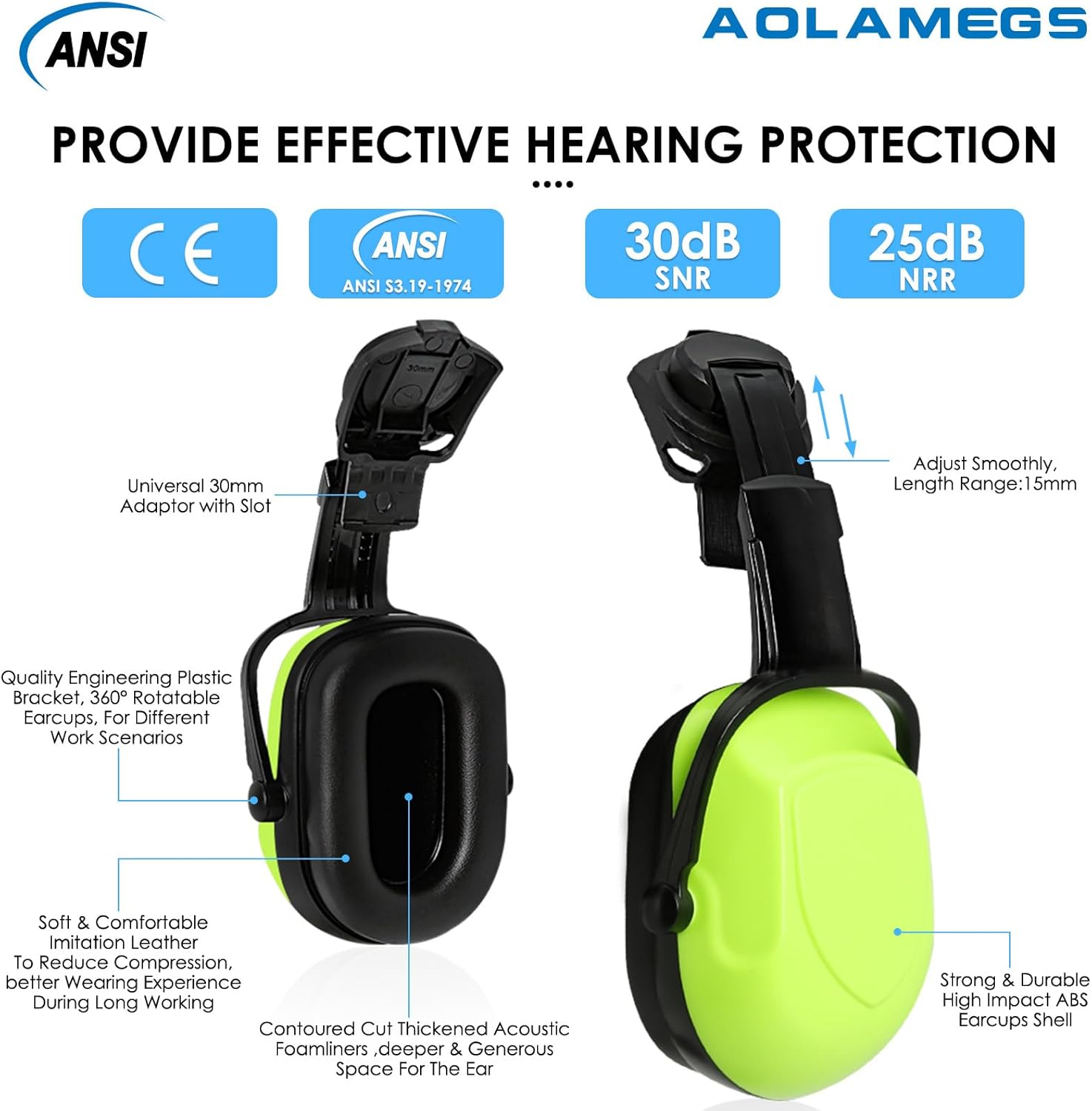 AOLAMEGS Casco duro de construcción con visera y orejeras  Casco de seguridad aprobado por la OSHA, ANSI Z89.1 ABS con protección para los ojos y
