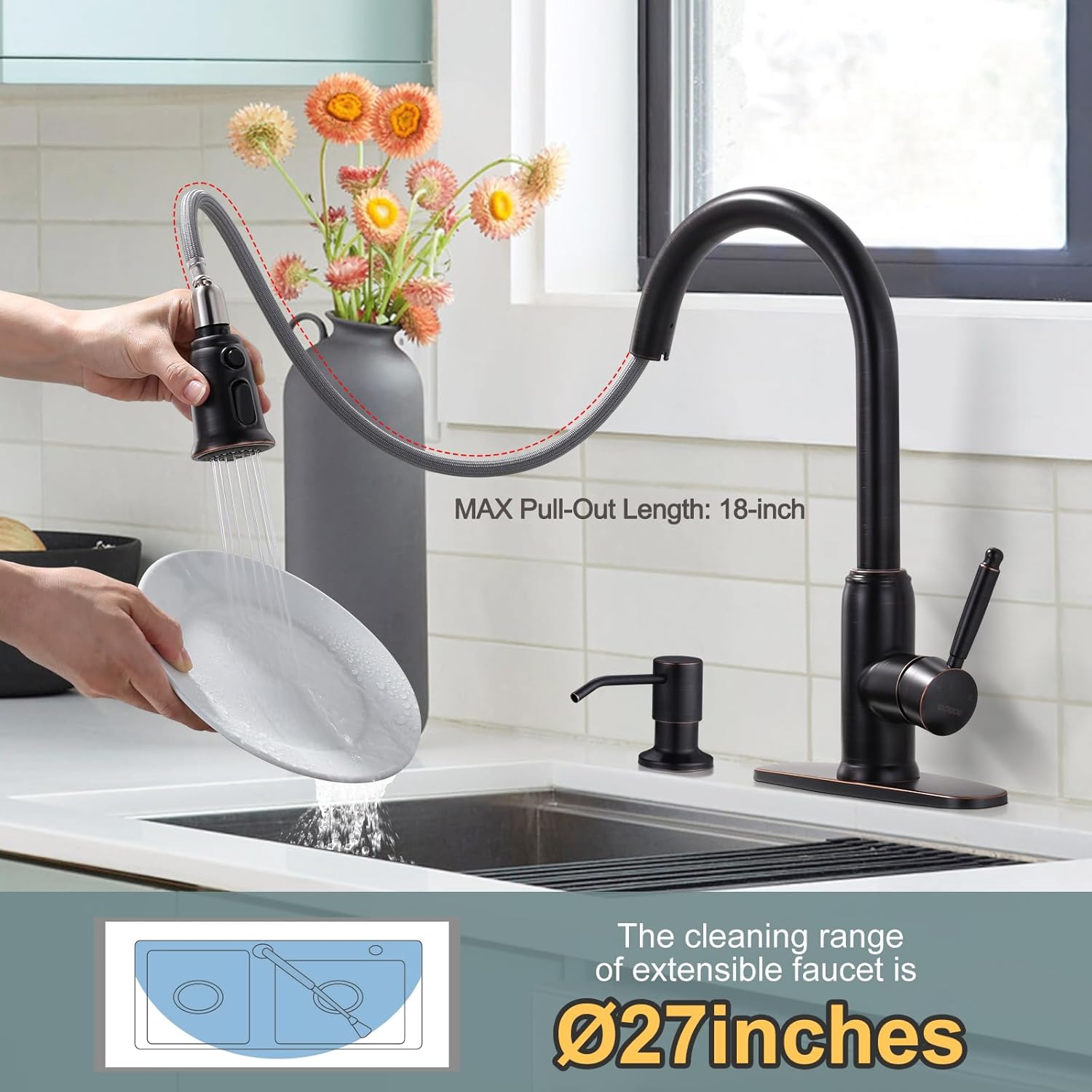WOWOW – Grifo de cocina de bronce con dispensador de jabón, grifo de cocina de acero inoxidable para fregadero de 2 o 4 agujeros, grifo de fregadero