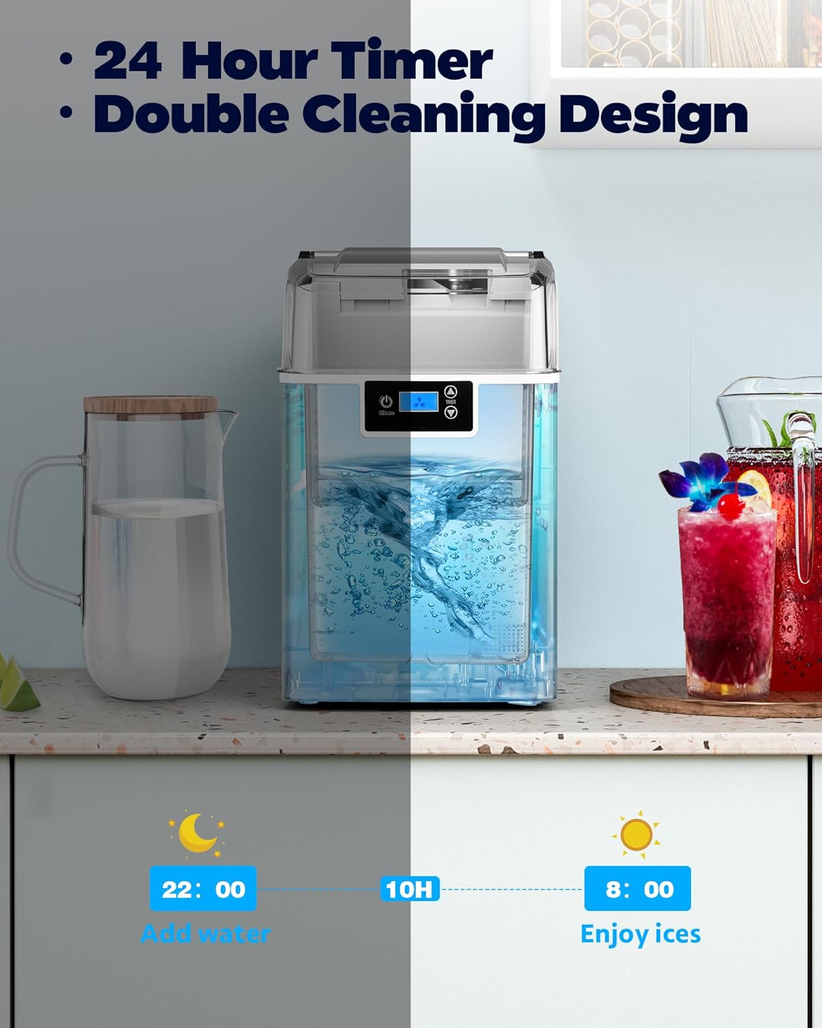 Kndko Nugget – Máquina de hielo triturado, 45 librasdía, temporizador de 24 horas, máquina de hielo autolimpiante, cubos de hielo para fiesta de bar