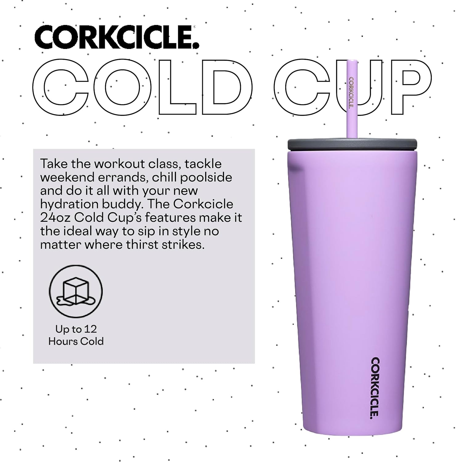Corkcicle Vaso aislado con tapa y pajilla, lila empapada por el sol, de 24 onzas, botella de agua reutilizable mantiene las bebidas frías durante 12