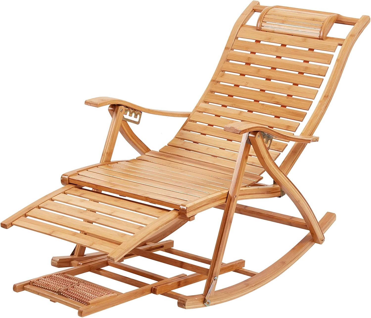 Wisfor Sillón de bambú grande ajustable mecedora reclinable con almohada reposacabezas y tabla de masaje de pies para carga máxima peso 441 libras