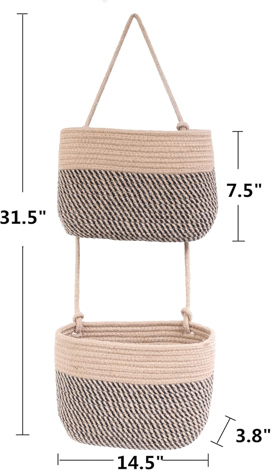 Cesta colgante para colgar sobre la puerta, cesta de pared tejida de cuerda de algodón de 2 niveles, organizador colgante para revistas, cestas de